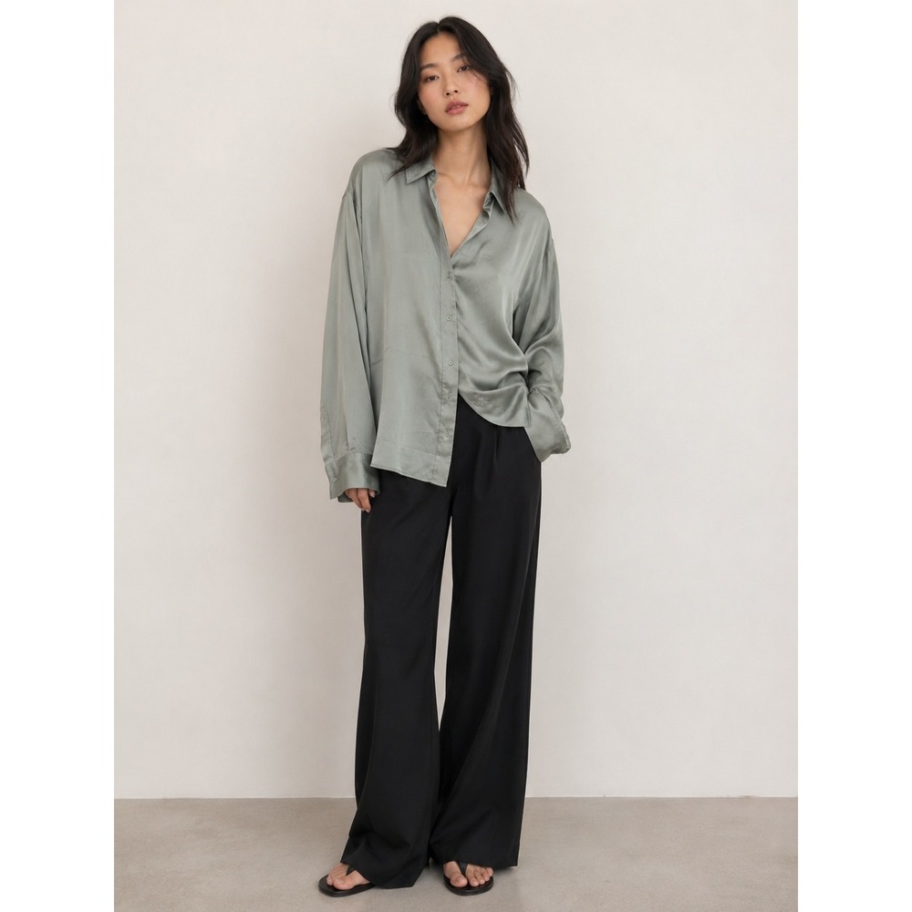 H&M Womens‎ Oversized Satin Button Up Shirt Sage Green Long Sleeve Size L